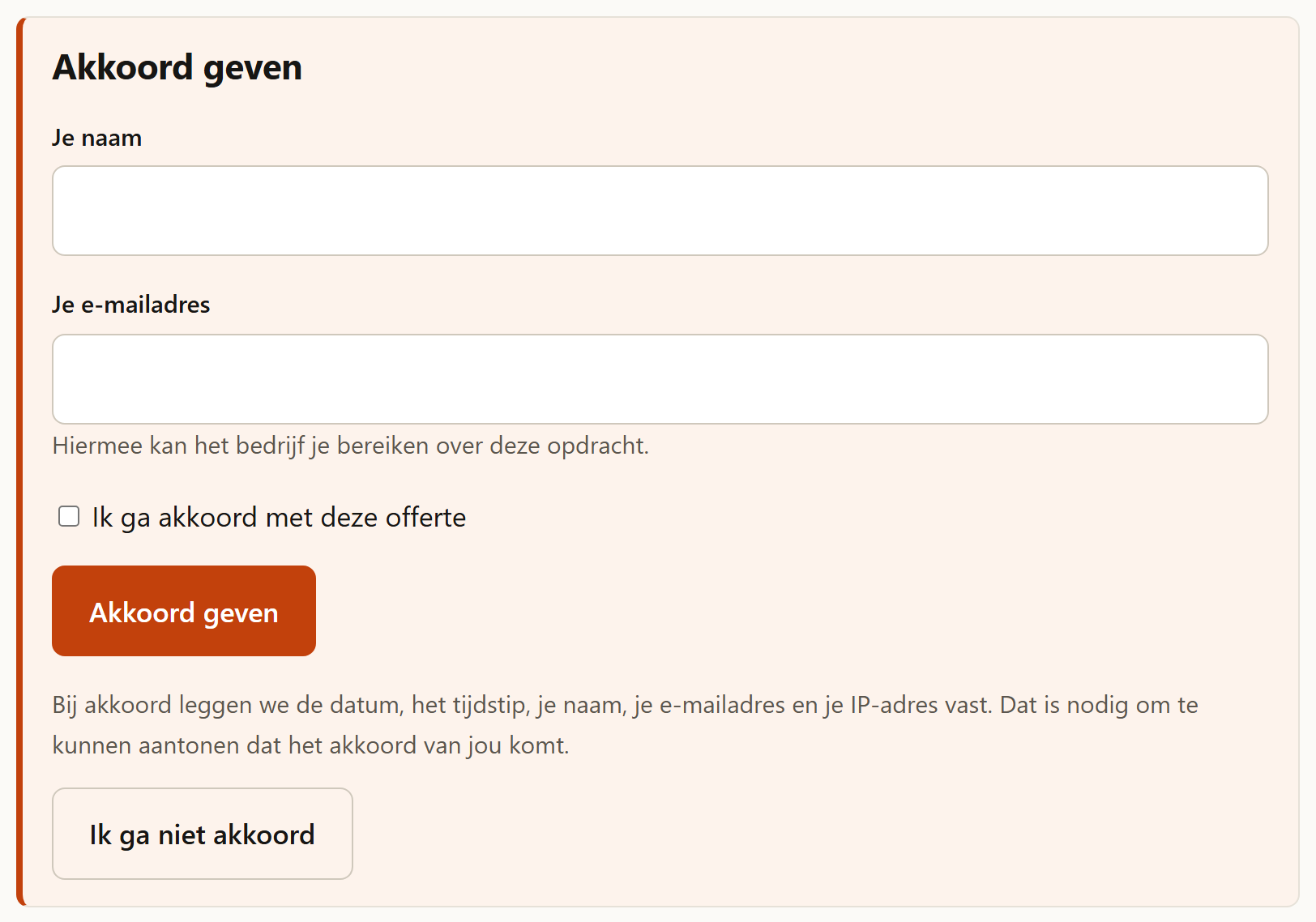 De pagina die je klant ziet, met velden voor naam en e-mailadres en een knop "Akkoord geven".
